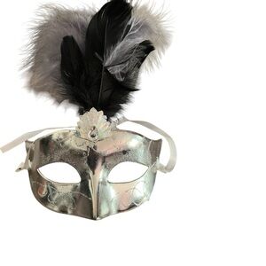 Fancy Feather Masquerade Mask - Silver & Black